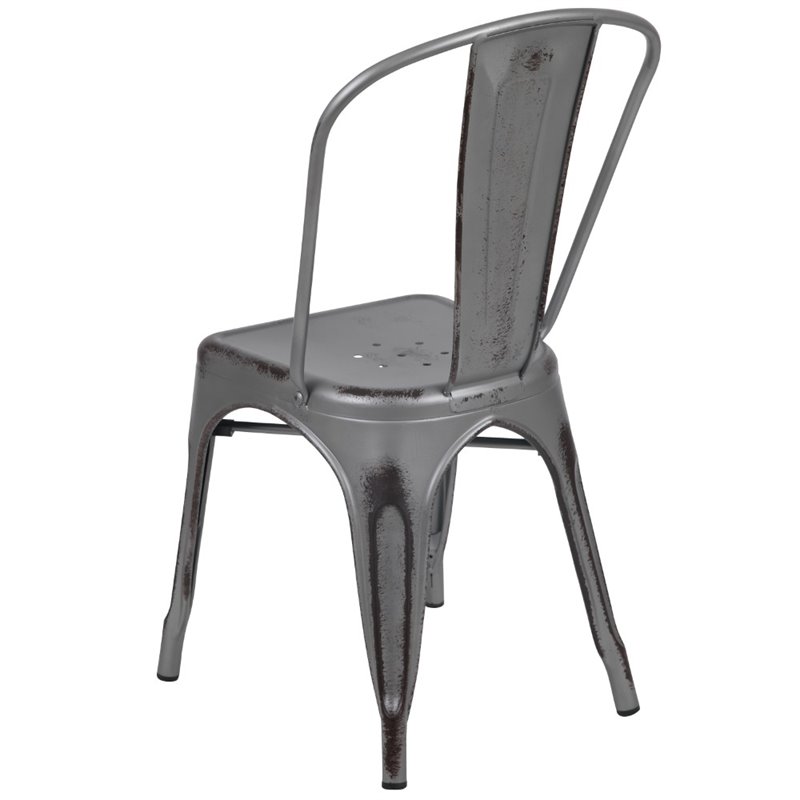 Flash Furniture Distressed Stackable Metal Dining Side Chair in Silver Gray