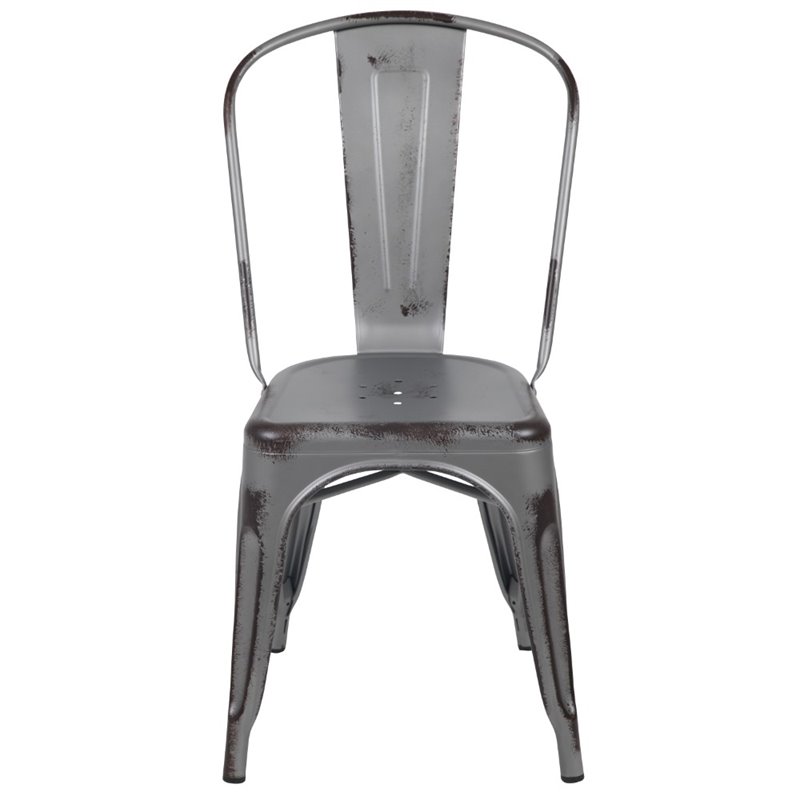 Flash Furniture Distressed Stackable Metal Dining Side Chair in Silver Gray