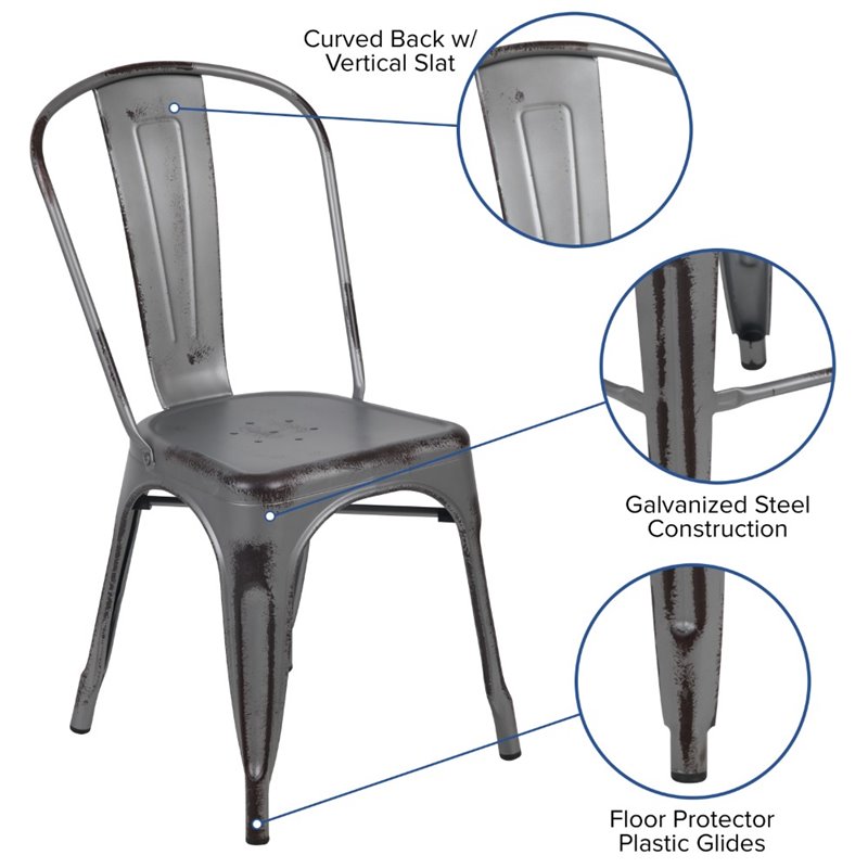 Flash Furniture Distressed Stackable Metal Dining Side Chair in Silver Gray
