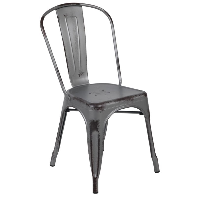 Flash Furniture Distressed Stackable Metal Dining Side Chair in Silver Gray
