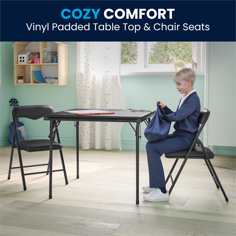 Flash Furniture 3 Piece Square Faux Leather Top Kids Folding Table Set in Black