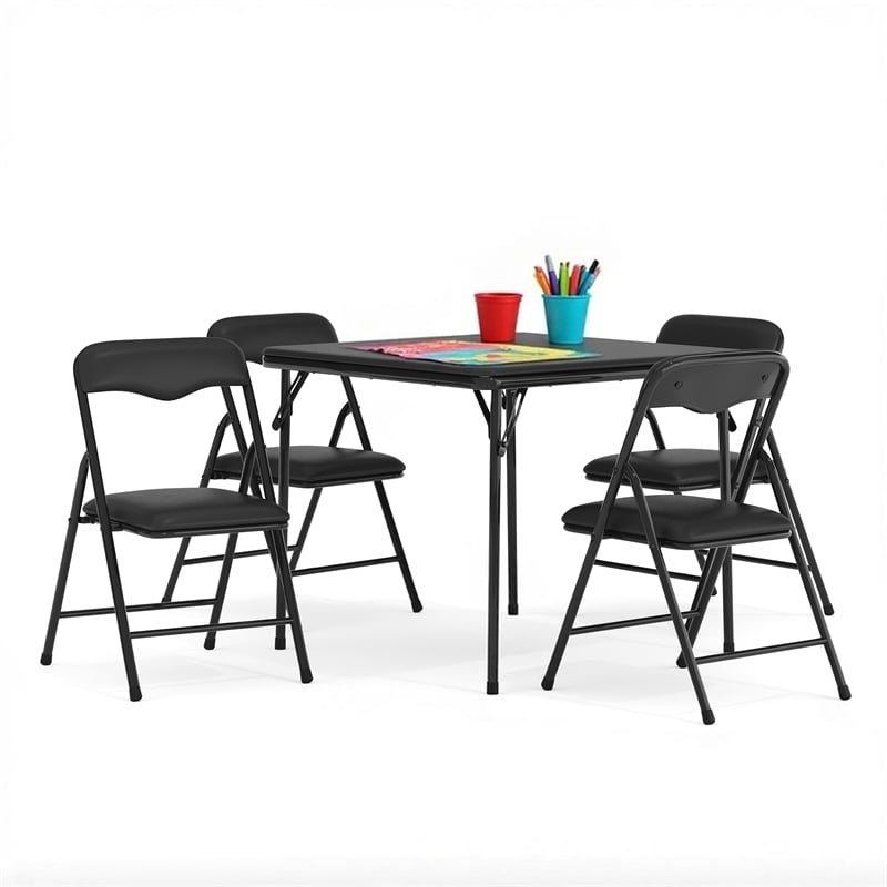 Flash Furniture 5 Piece Square Faux Leather Top Kids Folding Table Set in Black