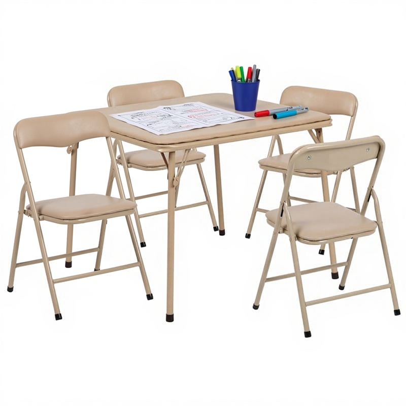 Flash Furniture 5 Piece Square Faux Leather Top Kids Folding Table Set in Tan