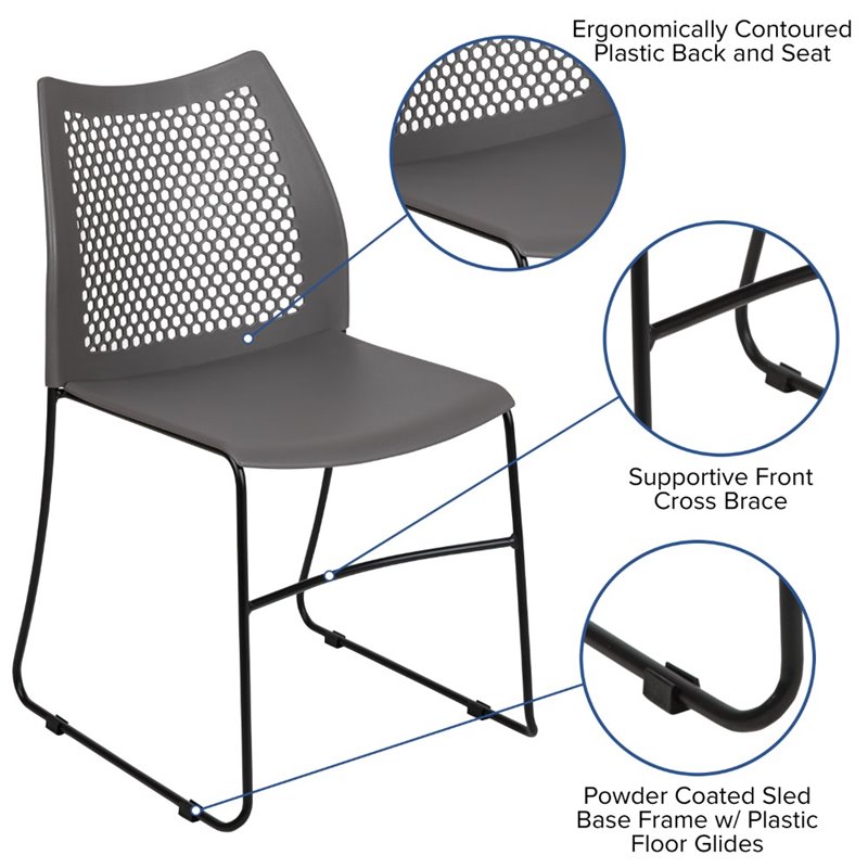 Flash Furniture Hercules Perforated Plastic Sled Base Stacking Chair in Gray
