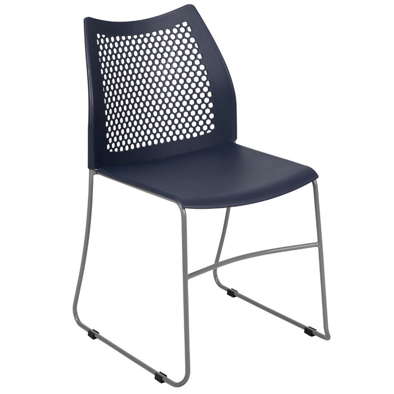 Flash Furniture Hercules Perforated Plastic Sled Base Stacking Chair in Navy