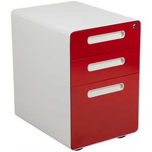 Flash Furniture 3 Drawer Modern Mobile File Cabinet in White and Red