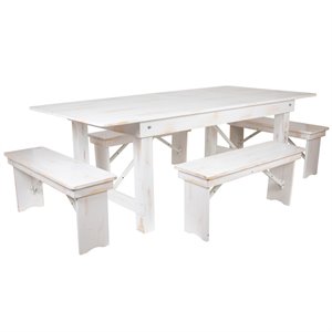 flash furniture hercules solid pine folding farmhouse dining set in antique white with benches