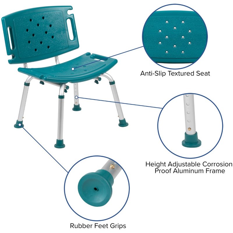 Flash Furniture Hercules Adjustable Plastic Bath and Shower Chair in Teal