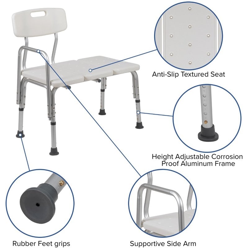 Flash Furniture Hercules Adjustable Plastic Bath Transfer Bench in White