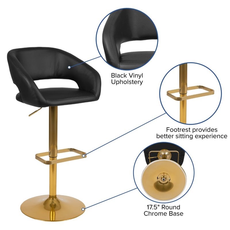 Flash Furniture Faux Leather Mid Back Adjustable Bar Stool in Black and Gold