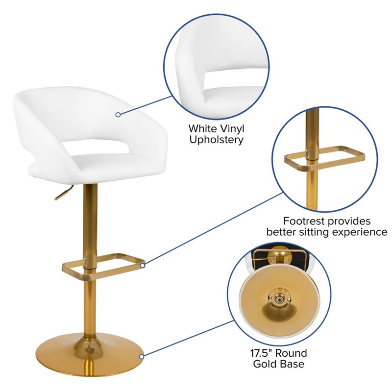 Flash Furniture Faux Leather Mid Back Adjustable Bar Stool in White and Gold