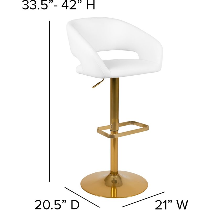 Flash Furniture Faux Leather Mid Back Adjustable Bar Stool in White and Gold