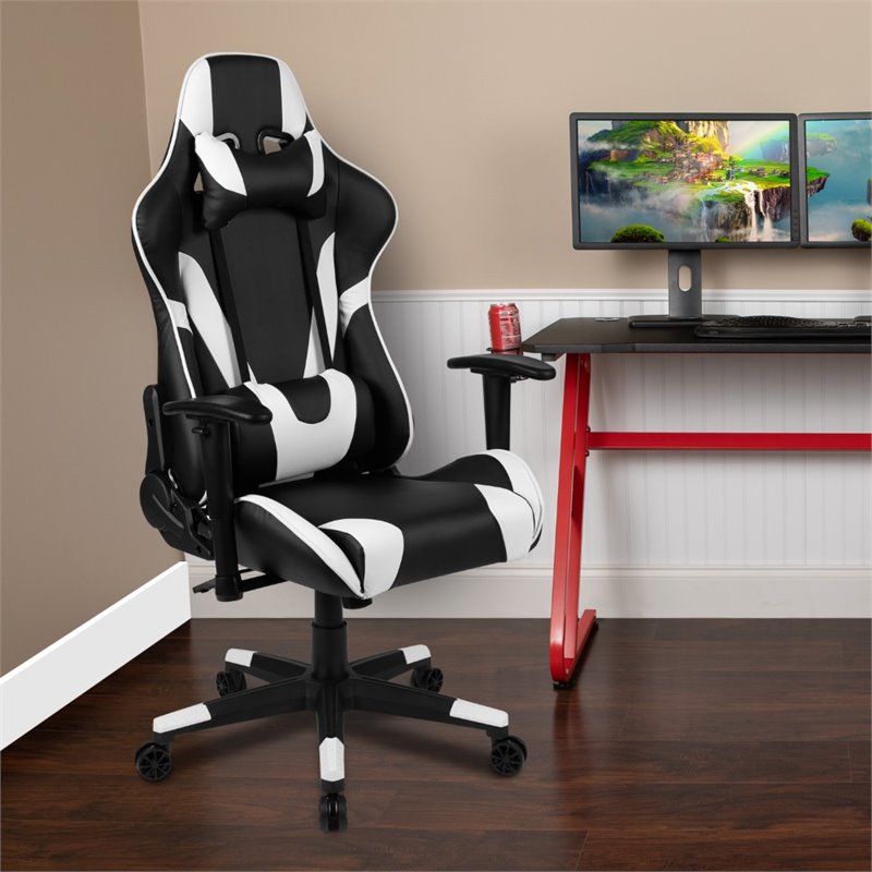Flash Furniture Leather Racing Swivel Reclining Gaming Chair in Black and White