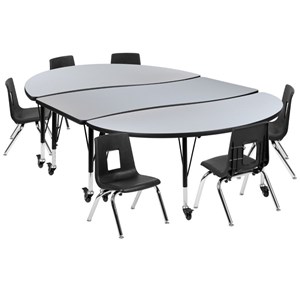 Flash Furniture 9 Piece 86&quot Oval Wave Wood Top Mobile Activity Table Set in Gray