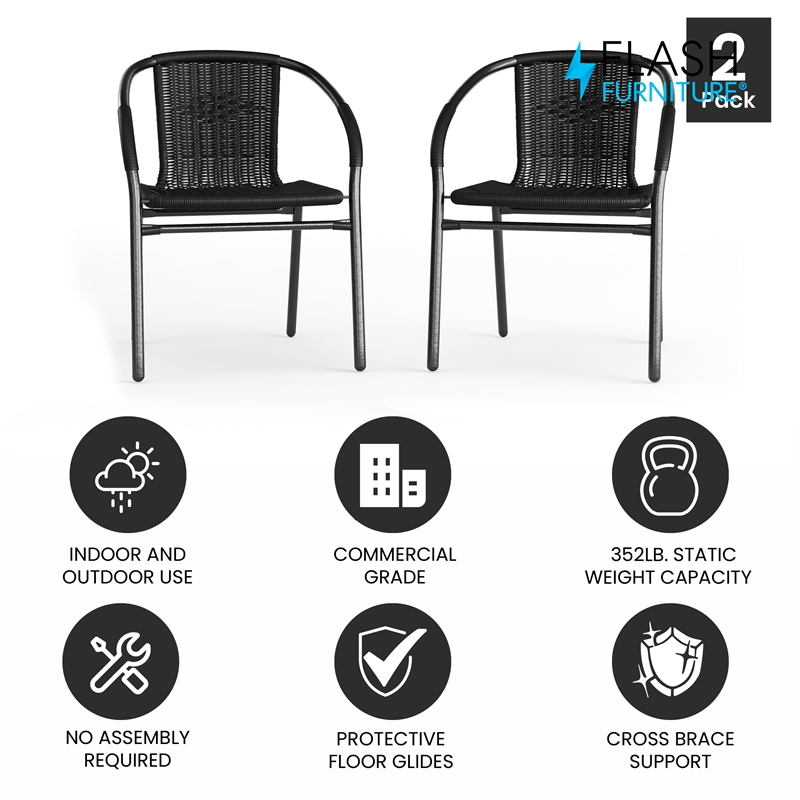 Flash Furniture Stackable Rattan Curved Back Dining Chair in Black (Set of 2)