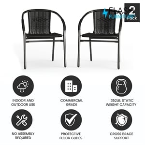 Flash Furniture Stackable Rattan Curved Back Dining Chair in Black (Set of 2)