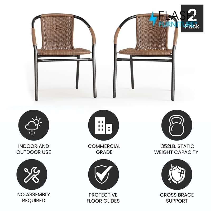 Flash Furniture Stackable Rattan Curved Back Dining Chair in Brown (Set of 2)