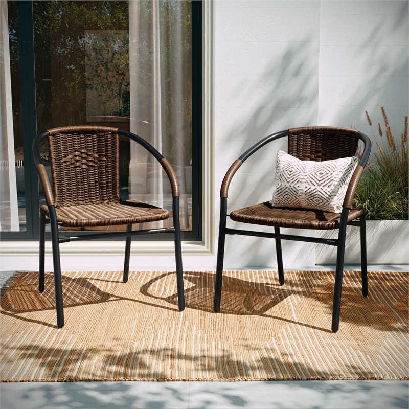 Flash Furniture Stackable Rattan Curved Back Dining Chair in Brown (Set of 2)