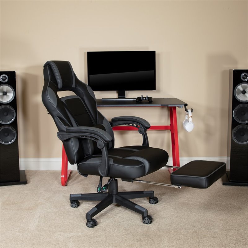 Flash Furniture Red Gaming Desk with Cup Holder/Headphone Hook & Gray  Reclining Gaming Chair with Footrest