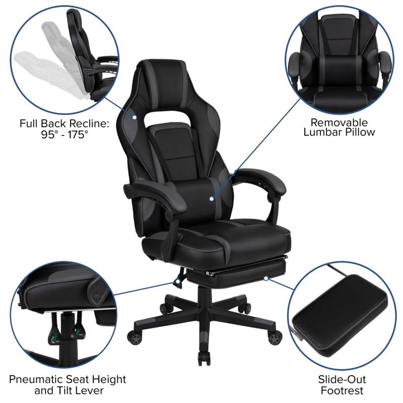 Flash Furniture Leather Ergonomic Swivel Gaming Chair in Black and Gray
