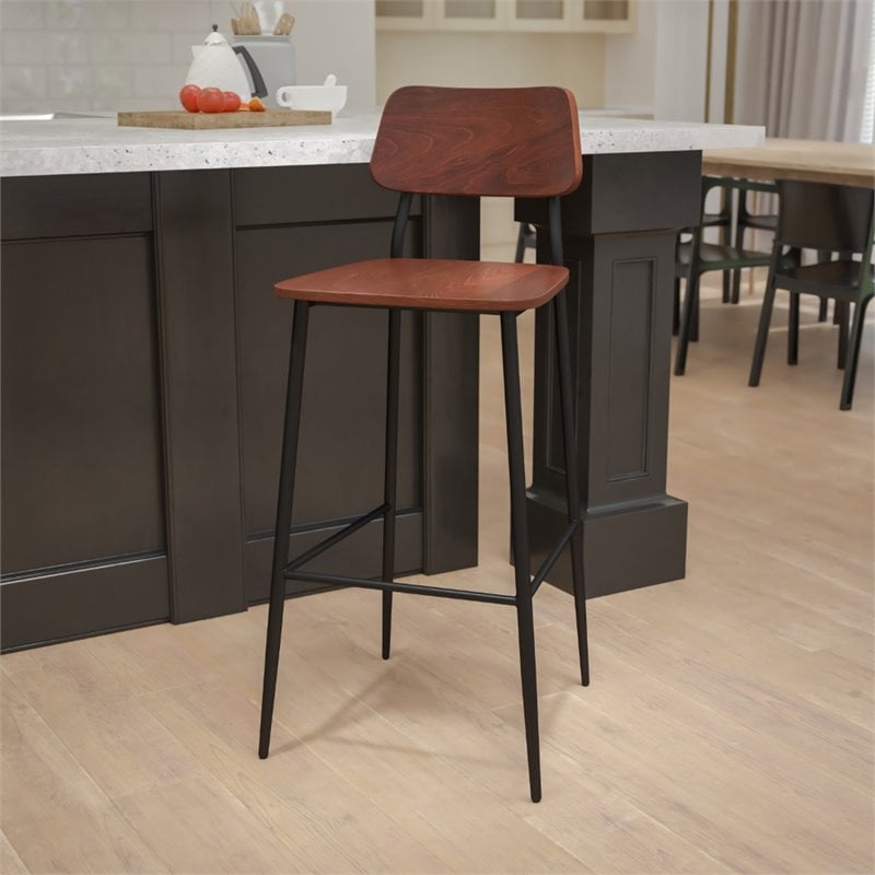 Flash Furniture Rustic Industrial Steel Frame Wooden Bar Stool in Mahogany