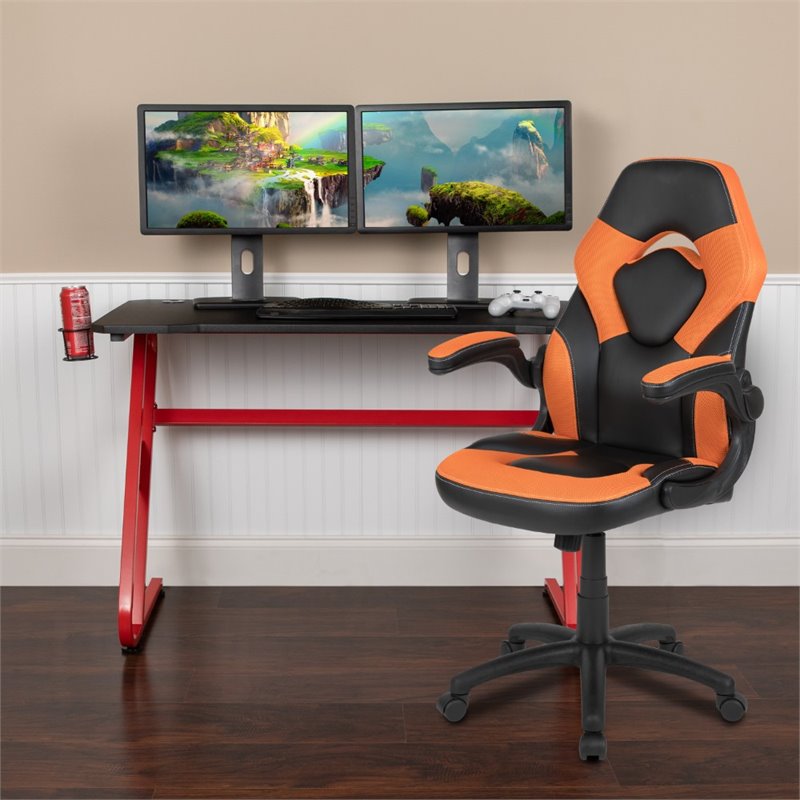 Flash Furniture 2 Piece Z-Frame Gaming Desk Set in Red and Orange