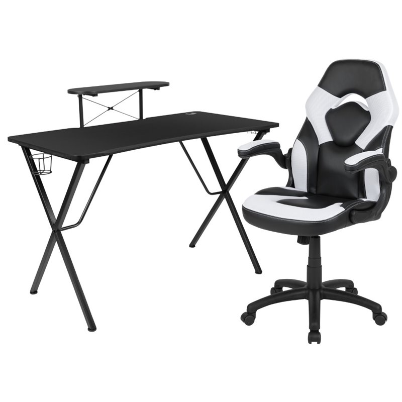Flash Furniture 2 Piece Gaming Desk Set with Monitor Stand in Black and White