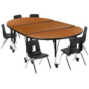 Flash Furniture 9 Piece 76&quot Oval Wave Mobile Activity Table Set in Oak and Black