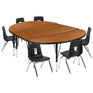 Flash Furniture 9 Piece 76&quot Oval Wave Wood Activity Table Set in Oak and Black