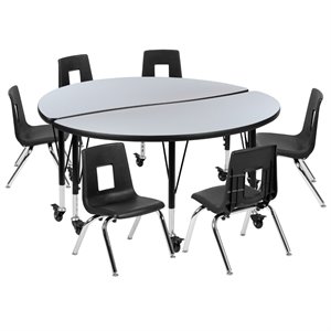 Flash Furniture 8 Piece 48&quot Circle Wave Wood Mobile Activity Table Set in Gray