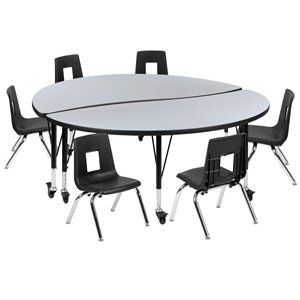 Flash Furniture 8 Piece 60&quot Circle Wave Wood Mobile Activity Table Set in Gray