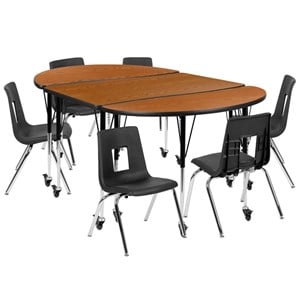 Flash Furniture 9 Piece 76&quot Oval Wave Mobile Activity Table Set in Oak and Black