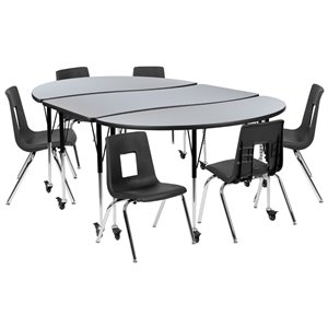 Flash Furniture 9 Piece 86&quot Oval Wave Wood Top Mobile Activity Table Set in Gray