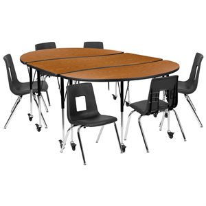Flash Furniture 9 Piece 86&quot Oval Wave Mobile Activity Table Set in Oak and Black