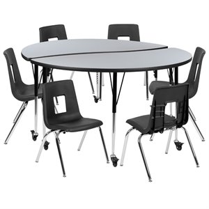 Flash Furniture 8 Piece 60&quot Circle Wave Wood Mobile Activity Table Set in Gray