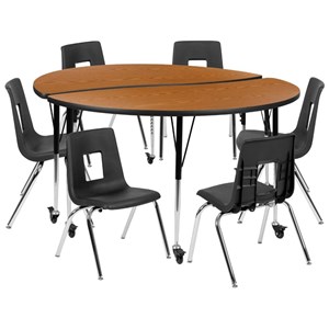 Flash Furniture 8 Piece 60&quot Circle Wave Wood Mobile Activity Table Set in Oak