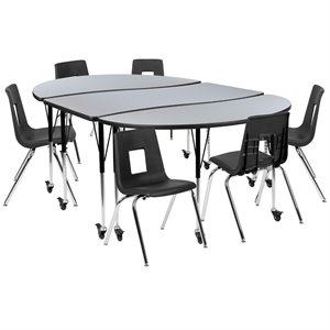 Flash Furniture 9 Piece 86&quot Oval Wave Wood Top Mobile Activity Table Set in Gray