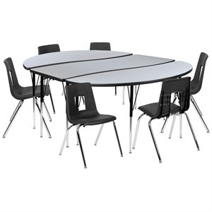 Flash Furniture 9 Piece 86&quot Oval Wave Wood Activity Table Set in Gray and Black