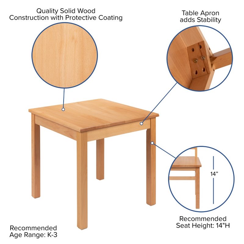 Flash Furniture 3 Piece Solid Wood Kids Table and Chair Set in Natural