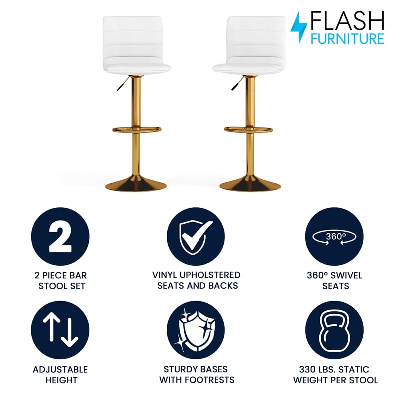 Flash Furniture Adjustable Faux Leather Bar Stool in White and Gold (Set of 2)