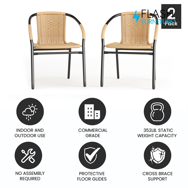 Flash Furniture Rattan Stacking Restaurant Dining Arm Chair in Beige (Set of 2)