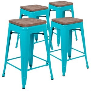 Flash Furniture 24&quot Stackable Metal Wood Seat Counter Stool in Teal (Set of 4)