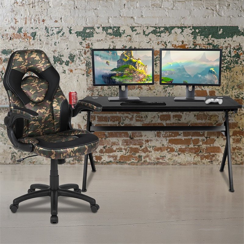 Flash Furniture Gaming Desk and Racing Swivel Chair Set in Black and Camouflage