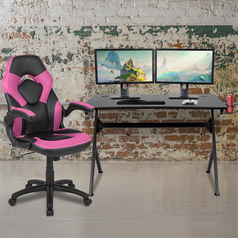 Flash Furniture Gaming Desk and Racing Swivel Chair Set in Black and Pink