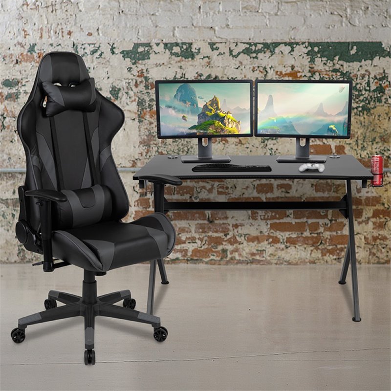 Flash Furniture Gaming Desk and Racing Reclining Chair Set in Black and Gray