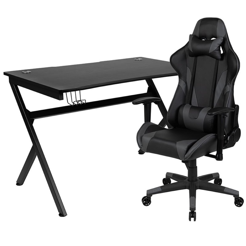 Flash Furniture Gaming Desk and Racing Reclining Chair Set in Black and Gray