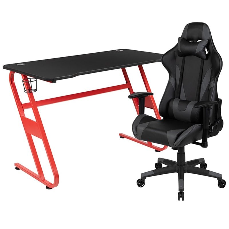 Flash Furniture Gaming Desk and Racing Reclining Chair Set in Red and Gray
