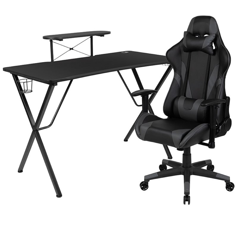 Flash Furniture Gaming Desk and Racing Reclining Chair Set in Black and Gray