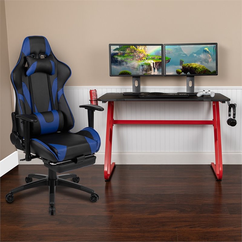 Flash Furniture Gaming Desk and Racing Reclining Chair Set in Red and Blue