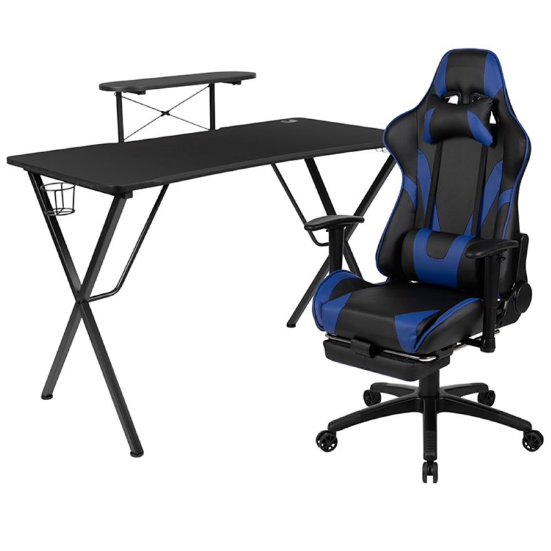 Flash Furniture Gaming Desk and Racing Reclining Chair Set in Black and Blue